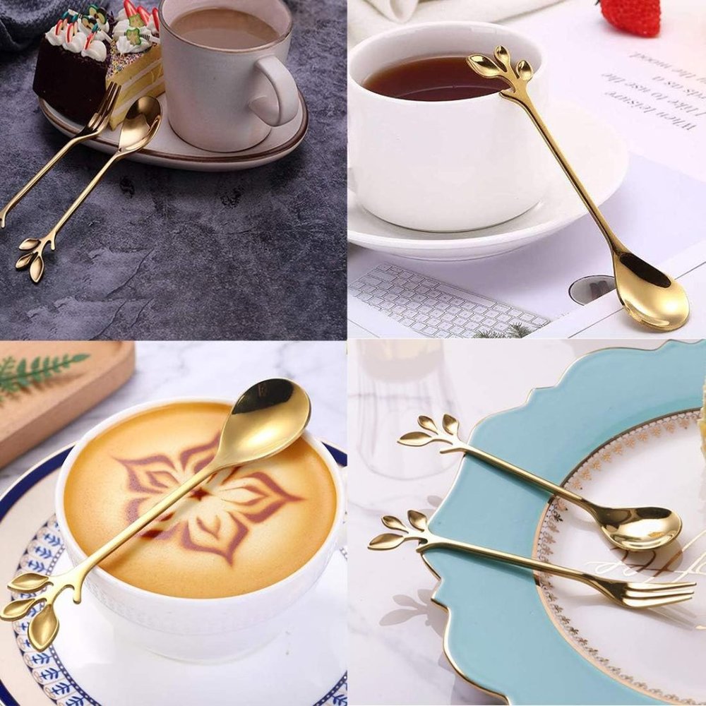 AnSaw 10-Piece Stainless Steel Gold Leaf Coffee Spoon appetizer fork-Creative - Picture 2 of 5